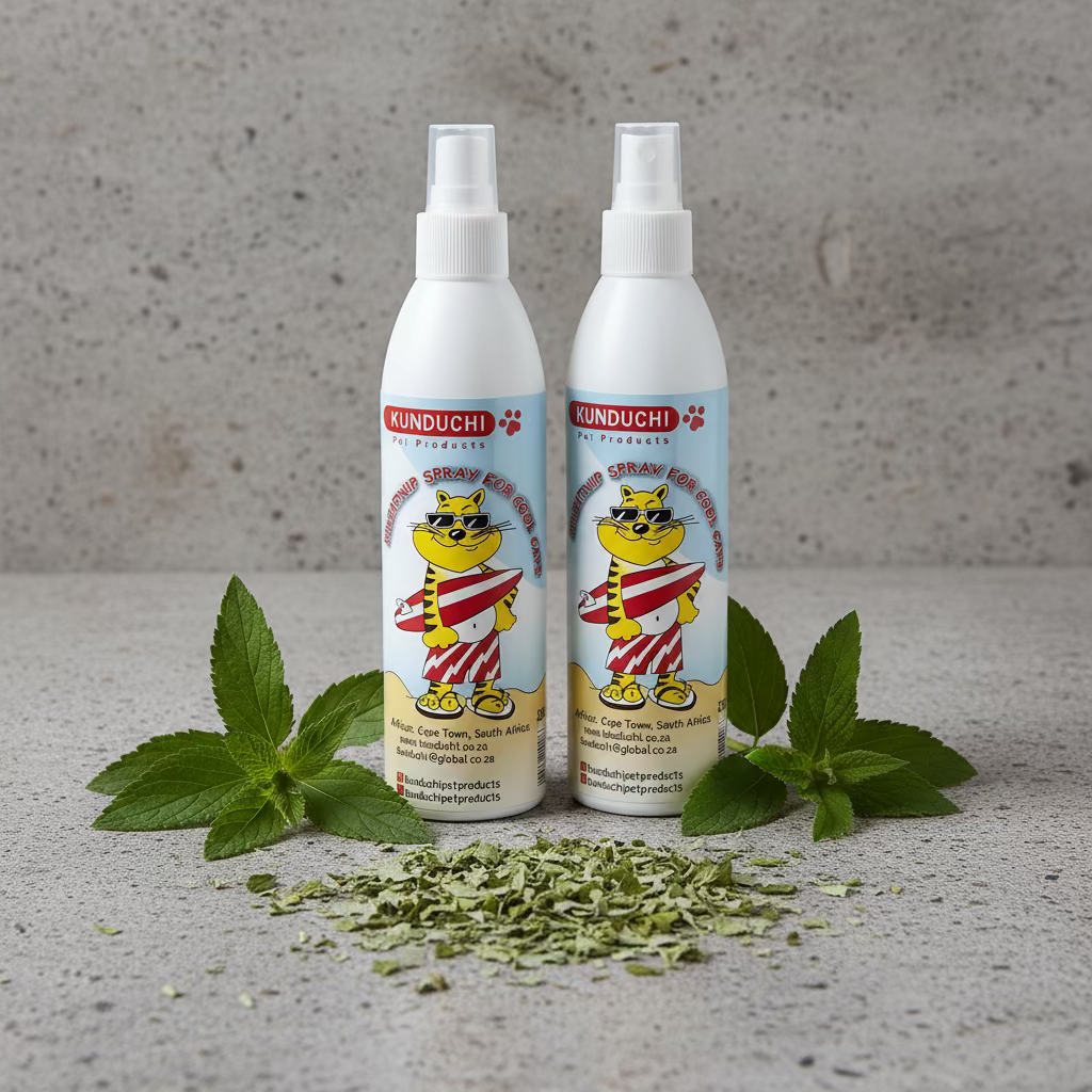 Two Kunduchi pet products catnip spray 250ml bottle with catnip on a cement background