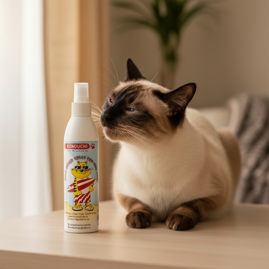 Cat sitting next to and sniffing a bottle of KUNDUCHI catnip spray on a wooden surface.