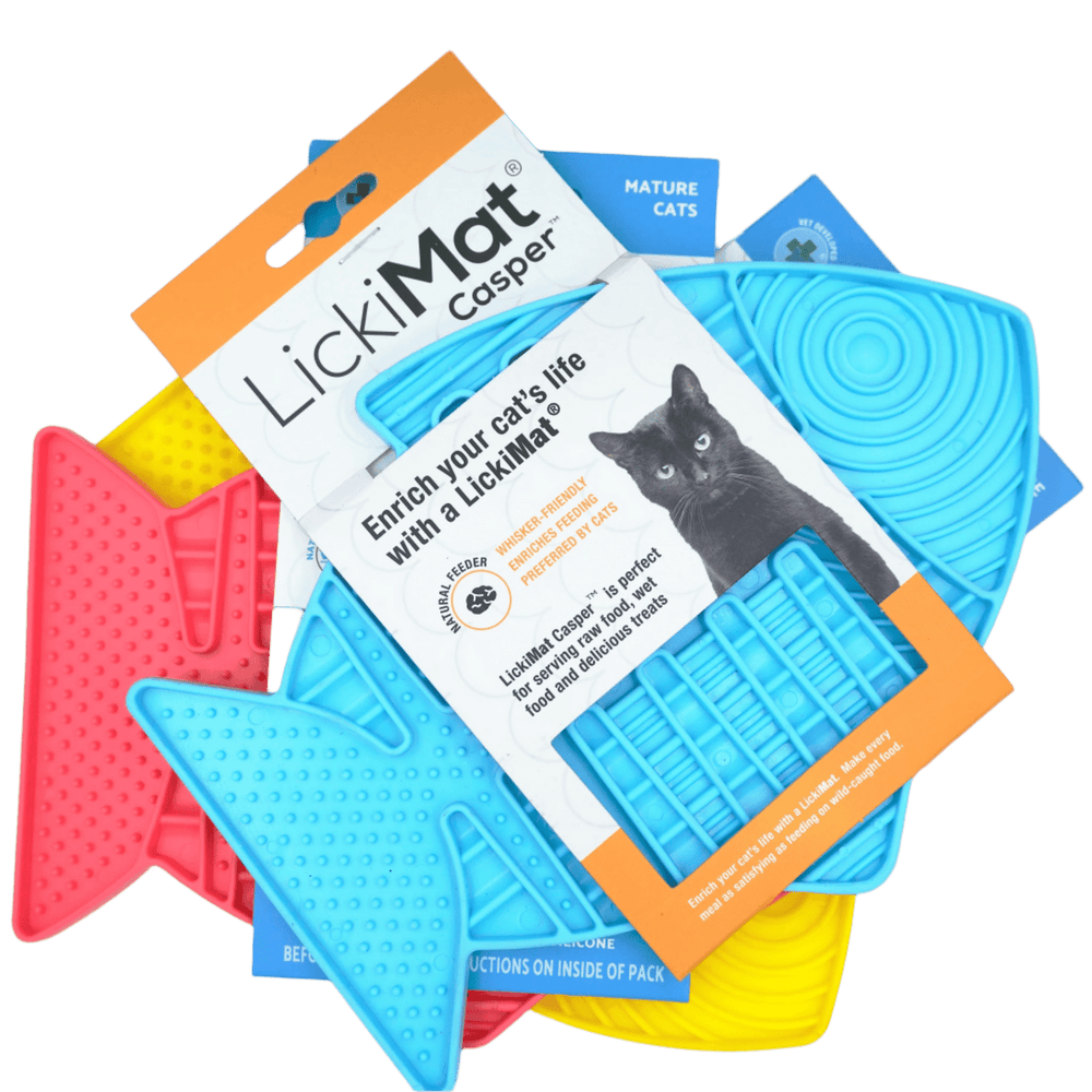 LickiMat™ Casper cat slow-feeder, fish-shaped silicone mat with raised ridges in blue