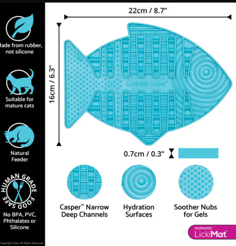 Blue fish-shaped slow feeder mat with size diagram and feature icons