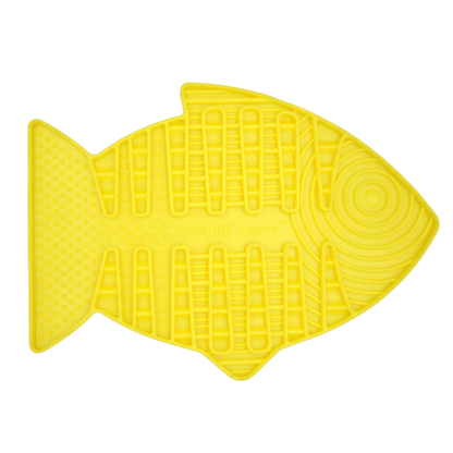 Yellow fish-shaped slow feeder mat with raised lick channels for cats