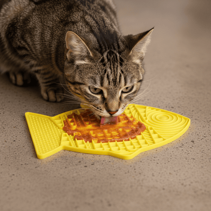 Tabby cat licking a yellow fish-shaped slow feeder mat
