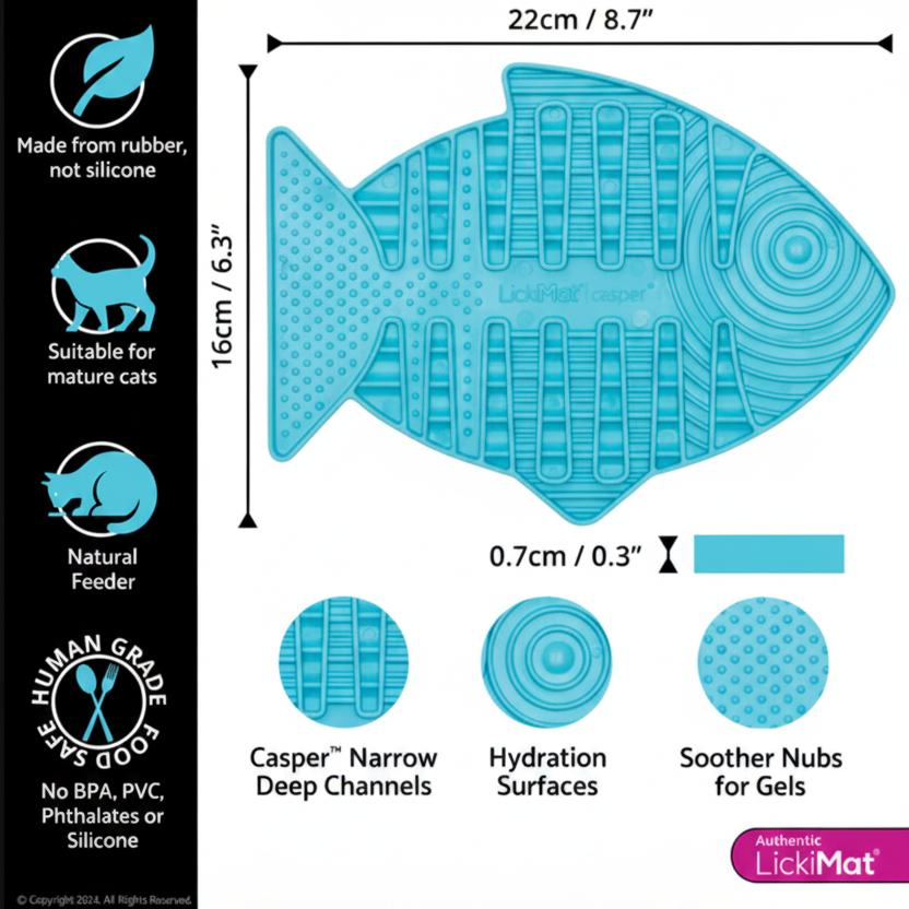 LickiMat Casper dimensions and feature guide showing fish-shaped slow feeder with deep channels and hydration surfaces.