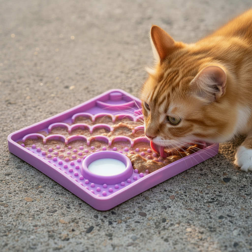Orange cat using the LickiMat Catster slow feeder with wet food and hydration well.