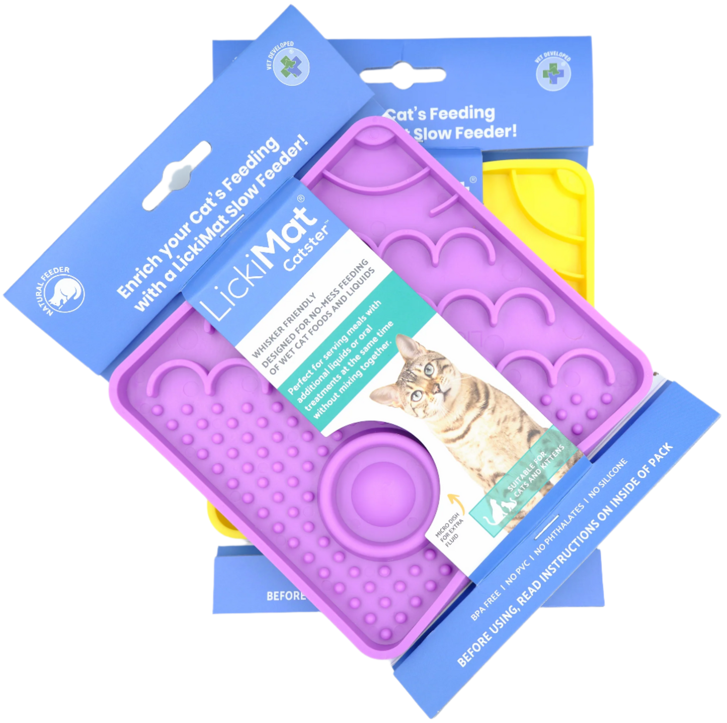 LickiMat Catster slow feeder for cats in retail packaging with hydration well and textured feeding zones.