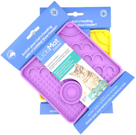 LickiMat Catster slow feeder for cats in retail packaging with hydration well and textured feeding zones.