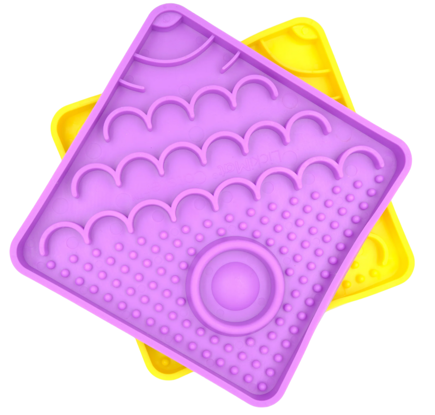 Purple LickiMat Catster slow feeder shown with yellow colour variation.