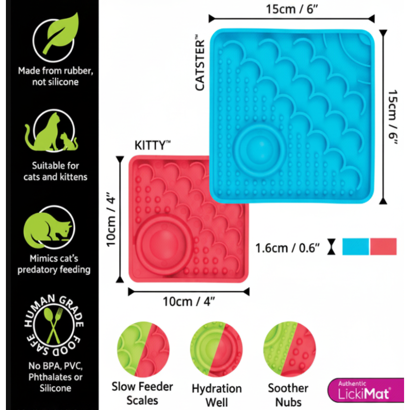 LickiMat Catster dimensions and feature guide showing 15 cm x 15 cm size, hydration well and textured feeding zones.