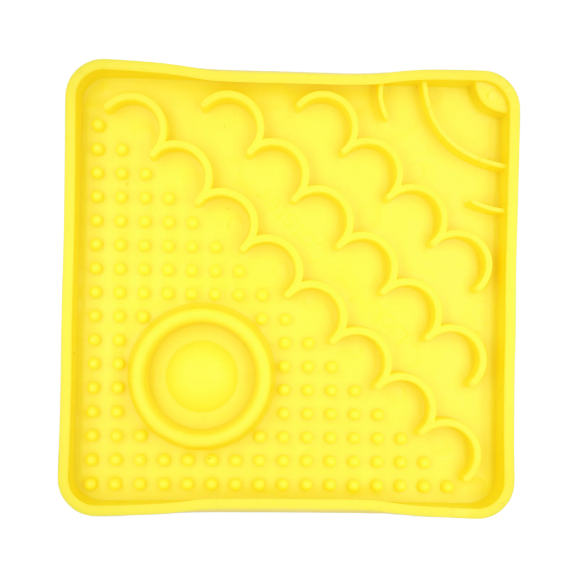 Yellow LickiMat Catster slow feeder for cats with textured enrichment feeding surface and hydration well.