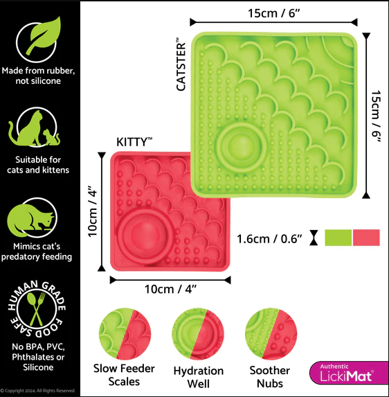 LickiMat® Kitty slow feeder size chart illustration with green and pink tray shapes