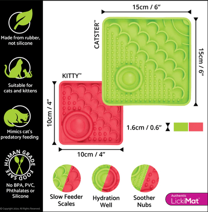 LickiMat® Kitty slow feeder size chart illustration with green and pink tray shapes