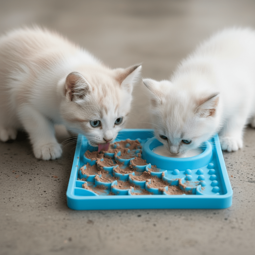 LickiMat® Kitty slow feeder in blue on floor with two kittens eating from the nubs