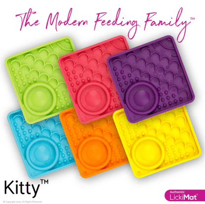LickiMat® Kitty slow feeder collection of colorful trays in green, pink, purple, blue, orange, yellow