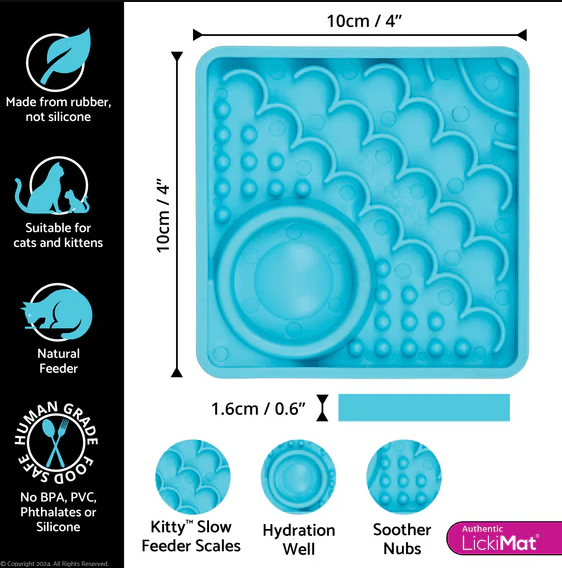 LickiMat® Kitty slow feeder dimensions diagram for blue tray, with thickness and nub details