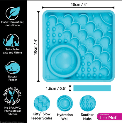 LickiMat® Kitty slow feeder dimensions diagram for blue tray, with thickness and nub details