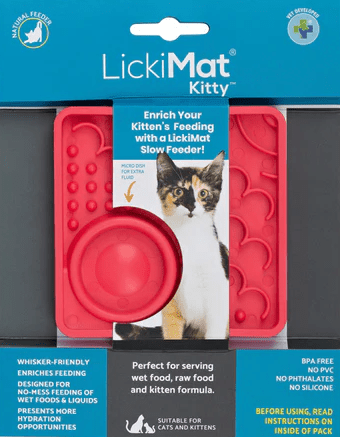 LickiMat® Kitty slow feeder retail pack with pink tray insert and kitten feeding icon