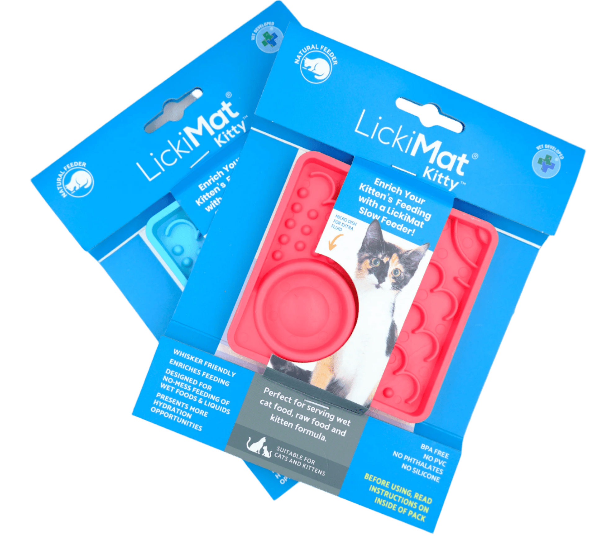 LickiMat® Kitty slow feeder retail pack showing pink slow feeder tray on blue card