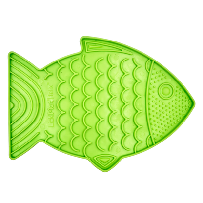 green fish-shaped textured feeding mat for cats