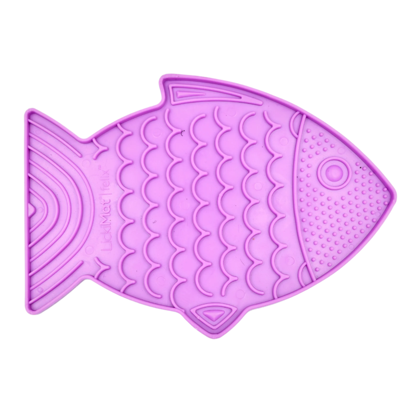 purple fish-shaped Lickimat Felix slow feeder for cats