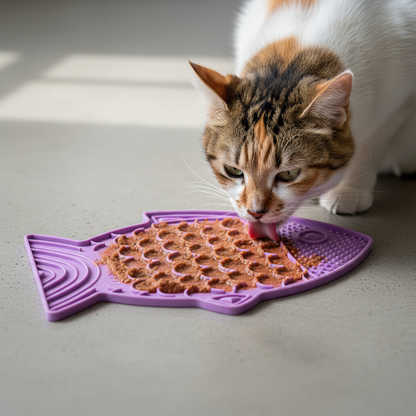 Cat licking a textured purple Lickimat Felix shaped like a fish on a light surface.