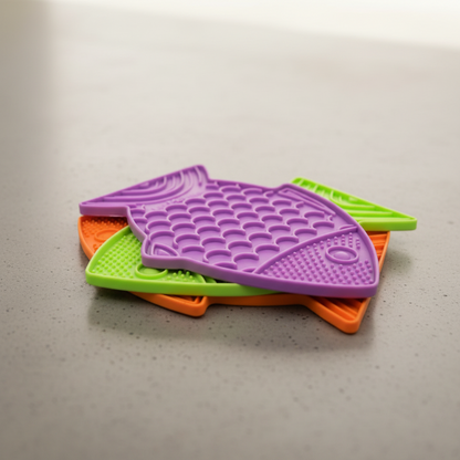 set of colourful Lickimat Felix mats for cats