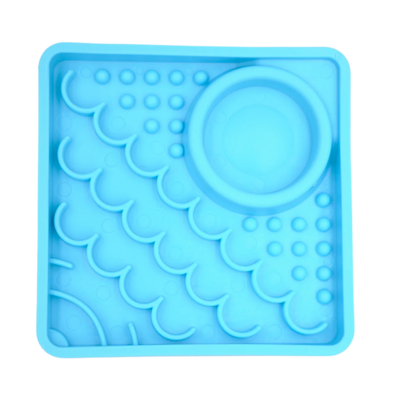 Blue LickiMat Kitty slow feeder for kittens with hydration well and textured feeding surface.