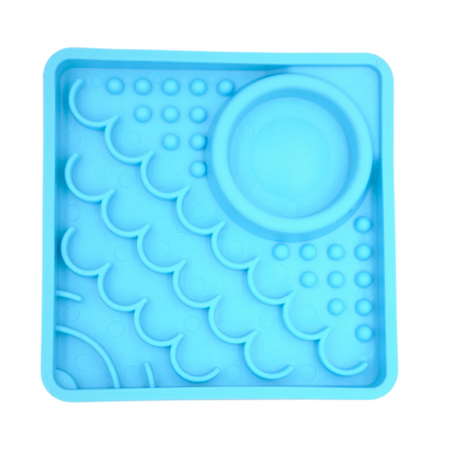 Blue LickiMat Kitty slow feeder for kittens with hydration well and textured feeding surface.