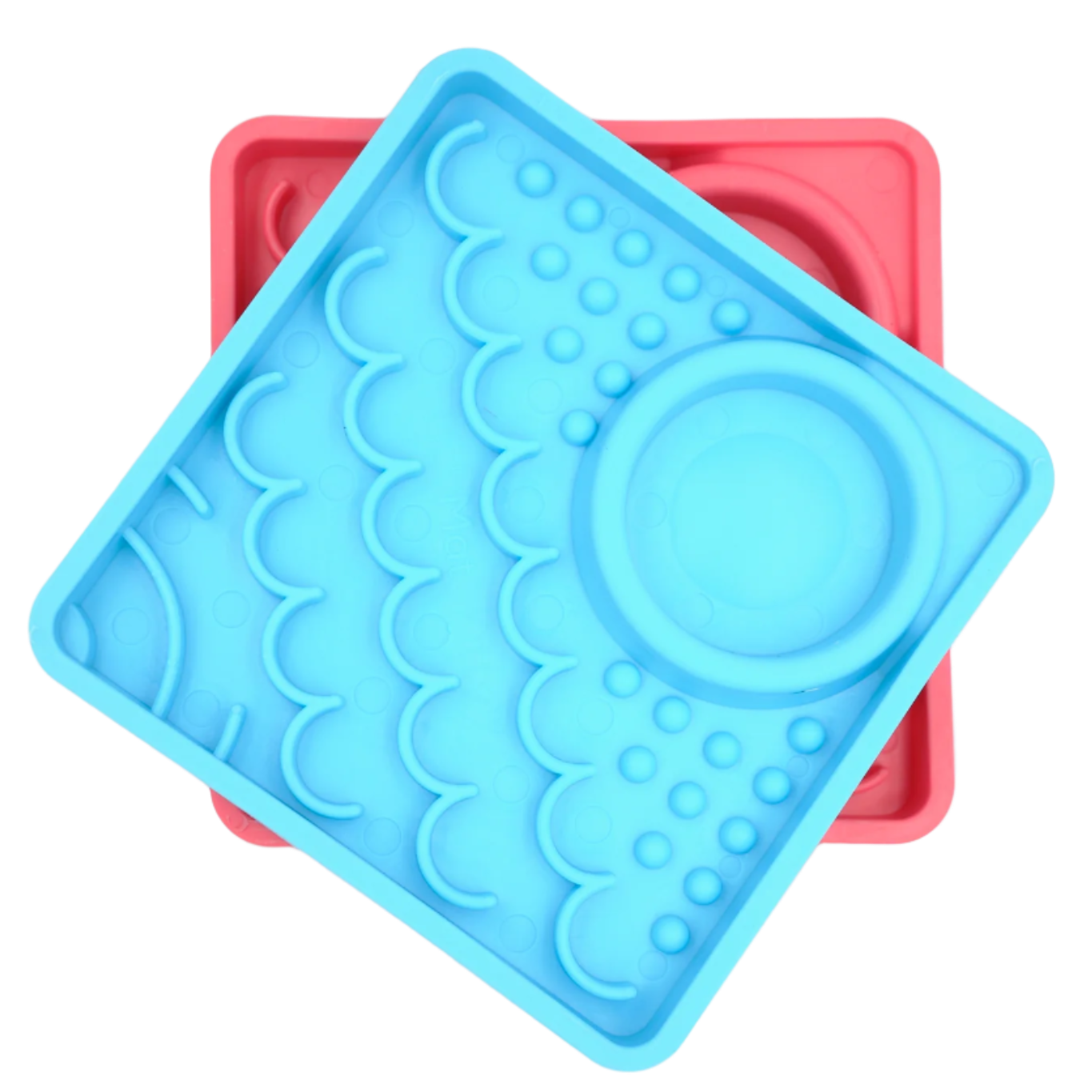 Blue and pink LickiMat Kitty slow feeder mats for kittens shown together.
