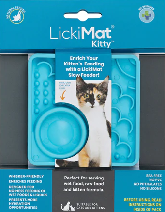 Front view of blue LickiMat Kitty retail packaging for kittens and small cats.