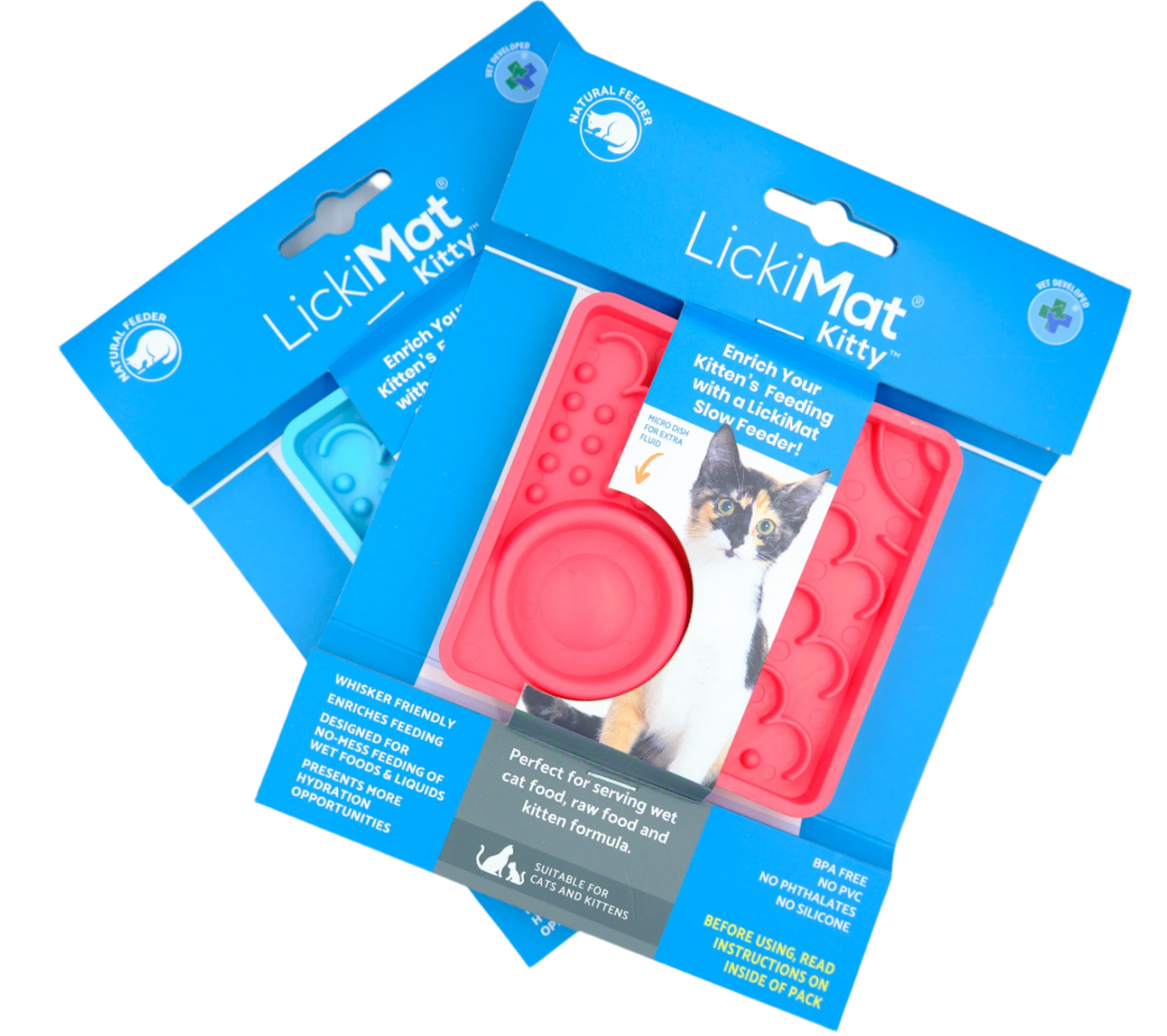 LickiMat Kitty slow feeder for kittens in retail packaging with hydration well and enrichment feeding surface.