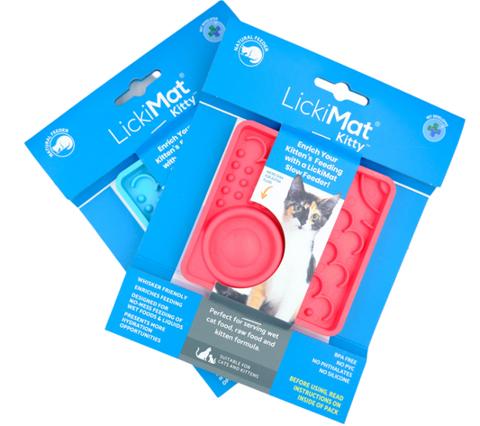 LickiMat Kitty slow feeder for kittens in retail packaging with hydration well and enrichment feeding surface.