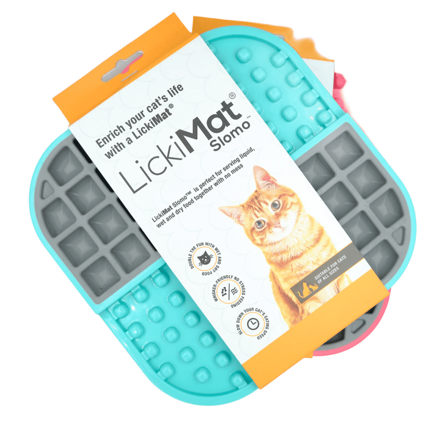 Turquoise slow feeder cat feeding mat with brand LickiMat Slomo packaging