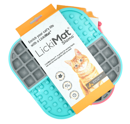 Turquoise slow feeder cat feeding mat with brand LickiMat Slomo packaging