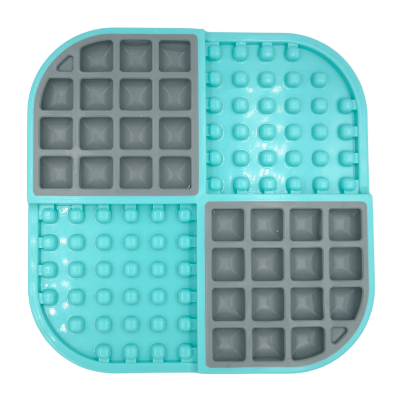 Turquoise and grey LickiMat Slomo slow feeder for cats with divided enrichment feeding areas