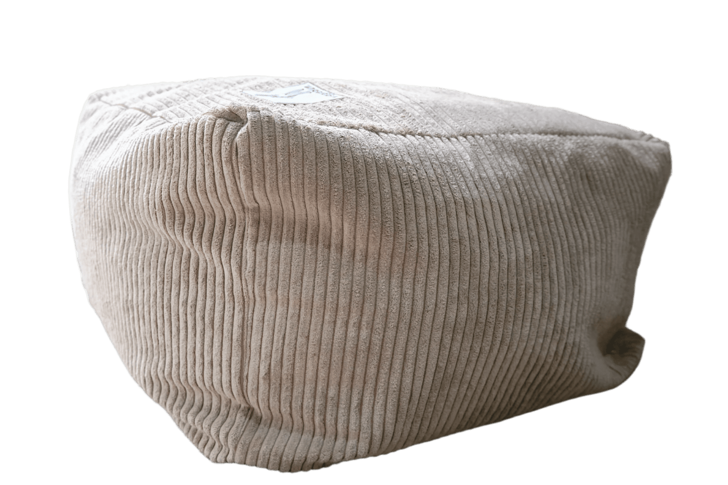 Soft grey corduroy cat bed cube with ribbed sides and rounded edges