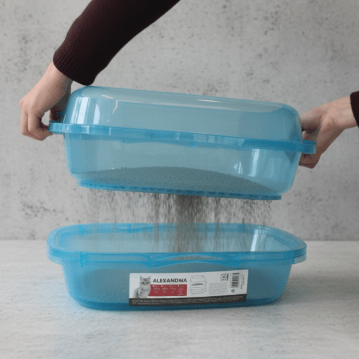 4-piece cat litter tray set in translucent blue plastic, one container held and one on table.