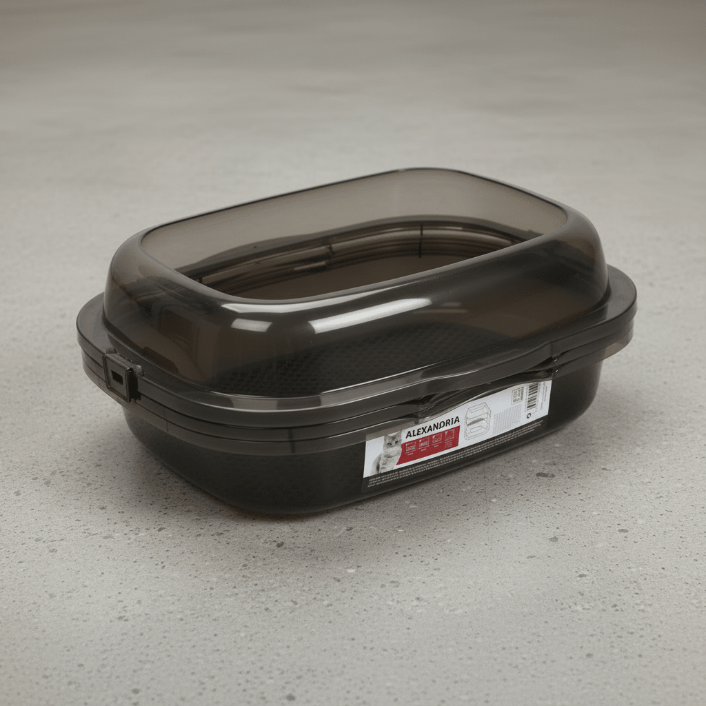 Taupe grey covered cat litter tray with smoke lid and front latch