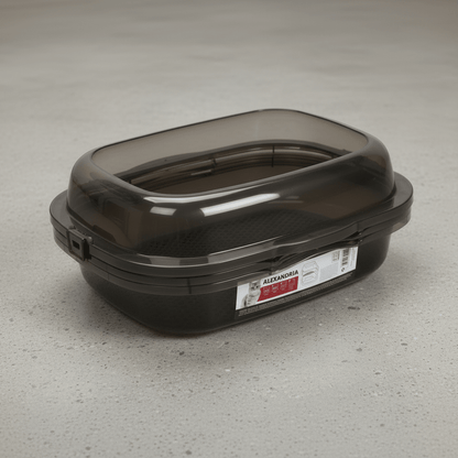 Taupe grey covered cat litter tray with smoke lid and front latch