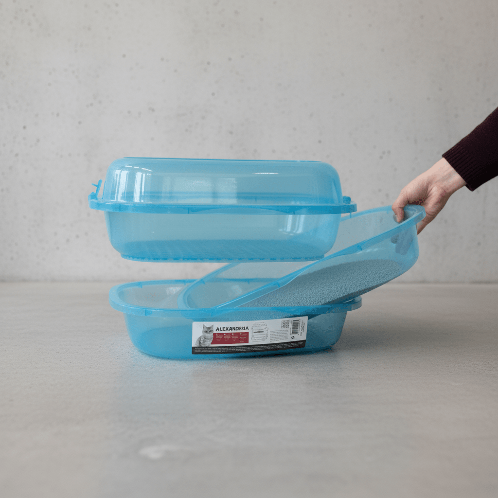 Blue 4-piece litter tray set with stacked trays and transparent lid