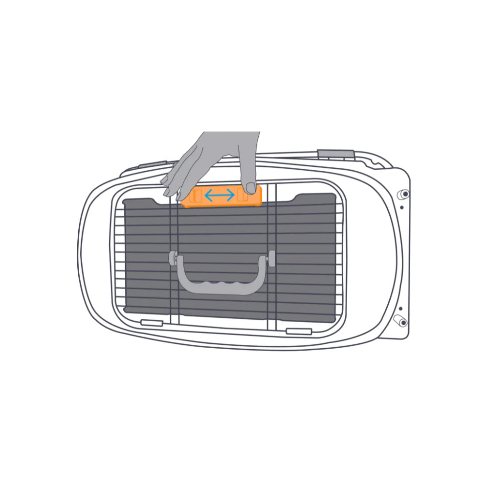 M-PETS Giro Carrier diagram showing top door sliding lock mechanism