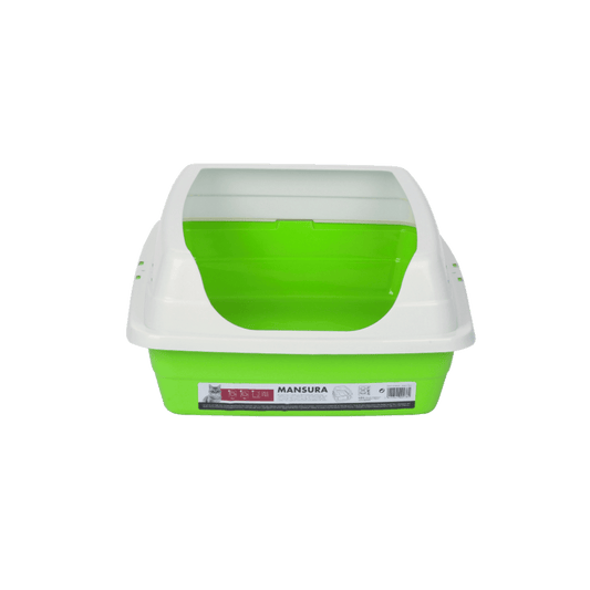 Lime green and white M-PETS Mansura open cat litter tray with raised rim