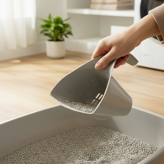 Person holding an Ergonomic litter scoop for cat litter trays