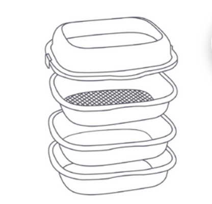 M-PETS Alexandria 4-Piece Litter Tray diagram showing two trays, sieve and removable rim