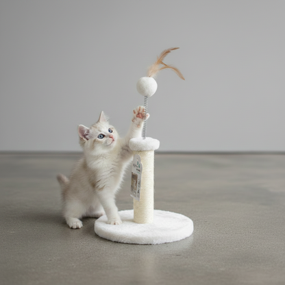 White kitten playing with M-PETS Kitten Feather Cat Tree with scratching post and feather pom-pom toy