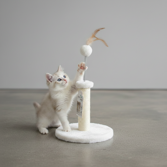 White kitten playing with M-PETS Kitten Feather Cat Tree with scratching post and feather pom-pom toy