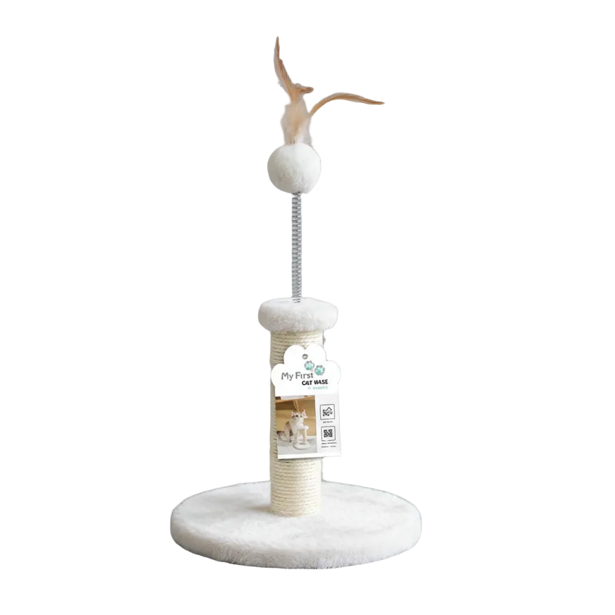 M-PETS Kitten Feather Cat Tree in white with round soft base, scratching post and feather pom-pom toy
