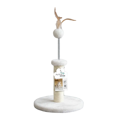 M-PETS Kitten Feather Cat Tree in white with round soft base, scratching post and feather pom-pom toy
