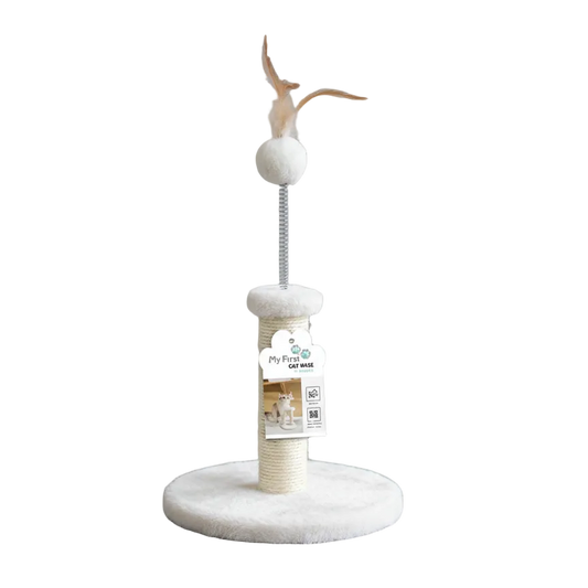M-PETS Kitten Feather Cat Tree in white with round soft base, scratching post and feather pom-pom toy