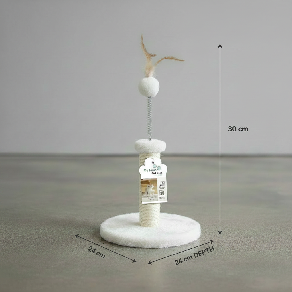 M-PETS Kitten Feather Cat Tree in white with round base, scratching post and feather toy on spring