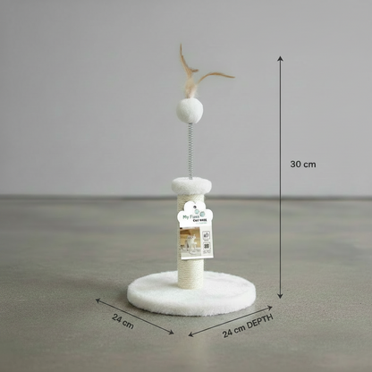 M-PETS Kitten Feather Cat Tree in white with round base, scratching post and feather toy on spring